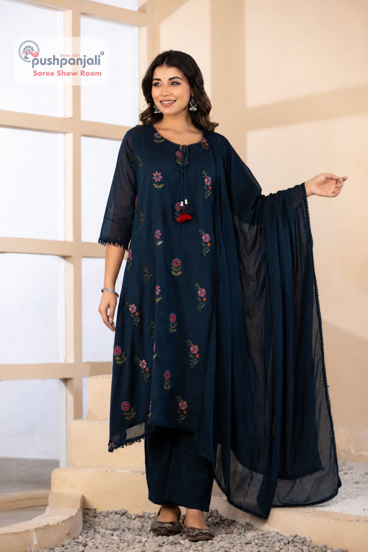 Navy Blue Floral Embroidered Kurti Pant Dupatta Set
