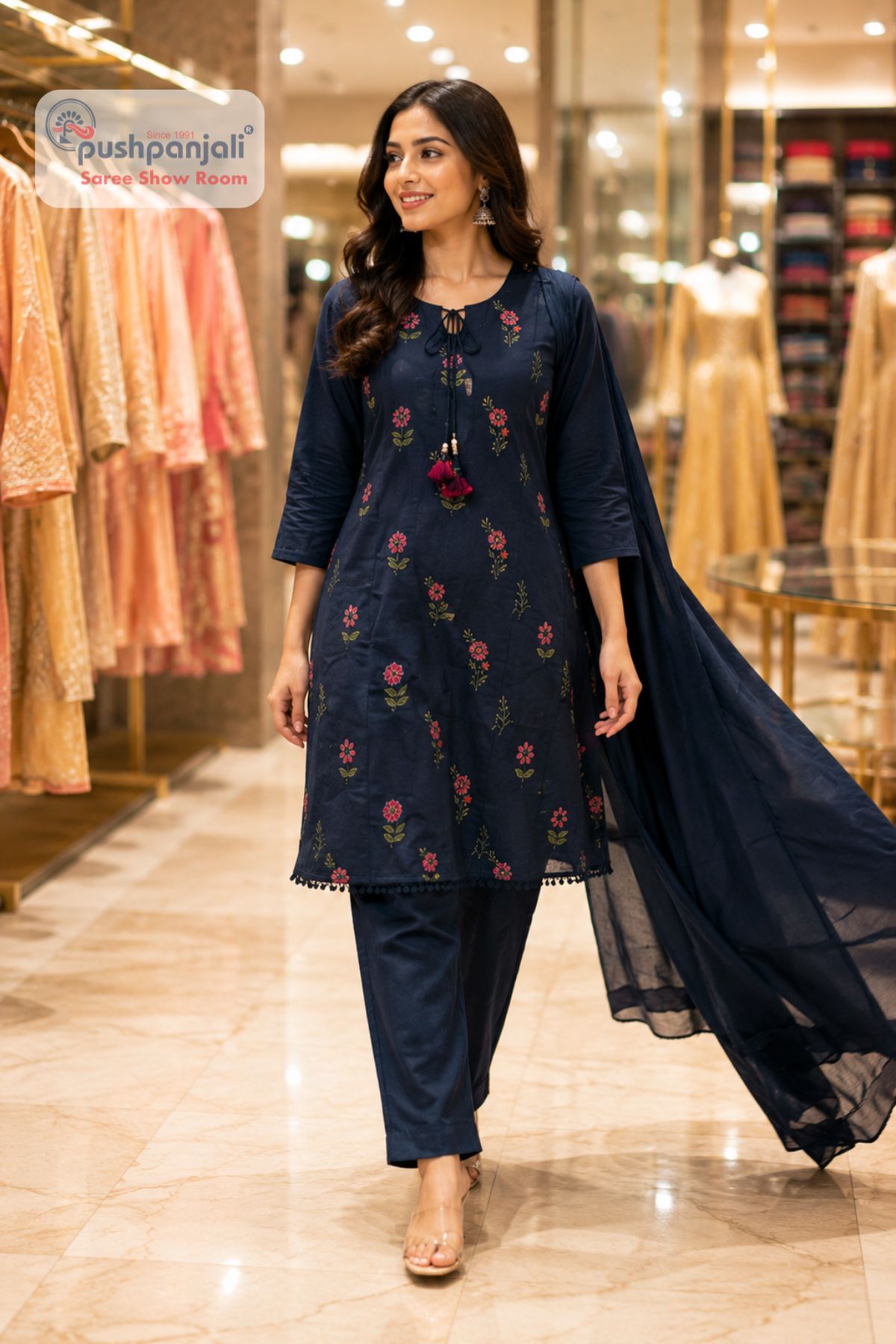 Navy Blue Floral Embroidered Kurti Pant Dupatta Set - Image 2