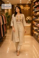 Women's Pure Cotton Beige Embroidered Kurta Pant Dupatta Set (3-Piece Set)