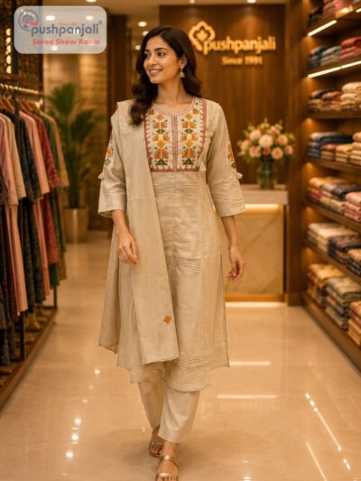 Women's Pure Cotton Beige Embroidered Kurta Pant Dupatta Set (3-Piece Set)
