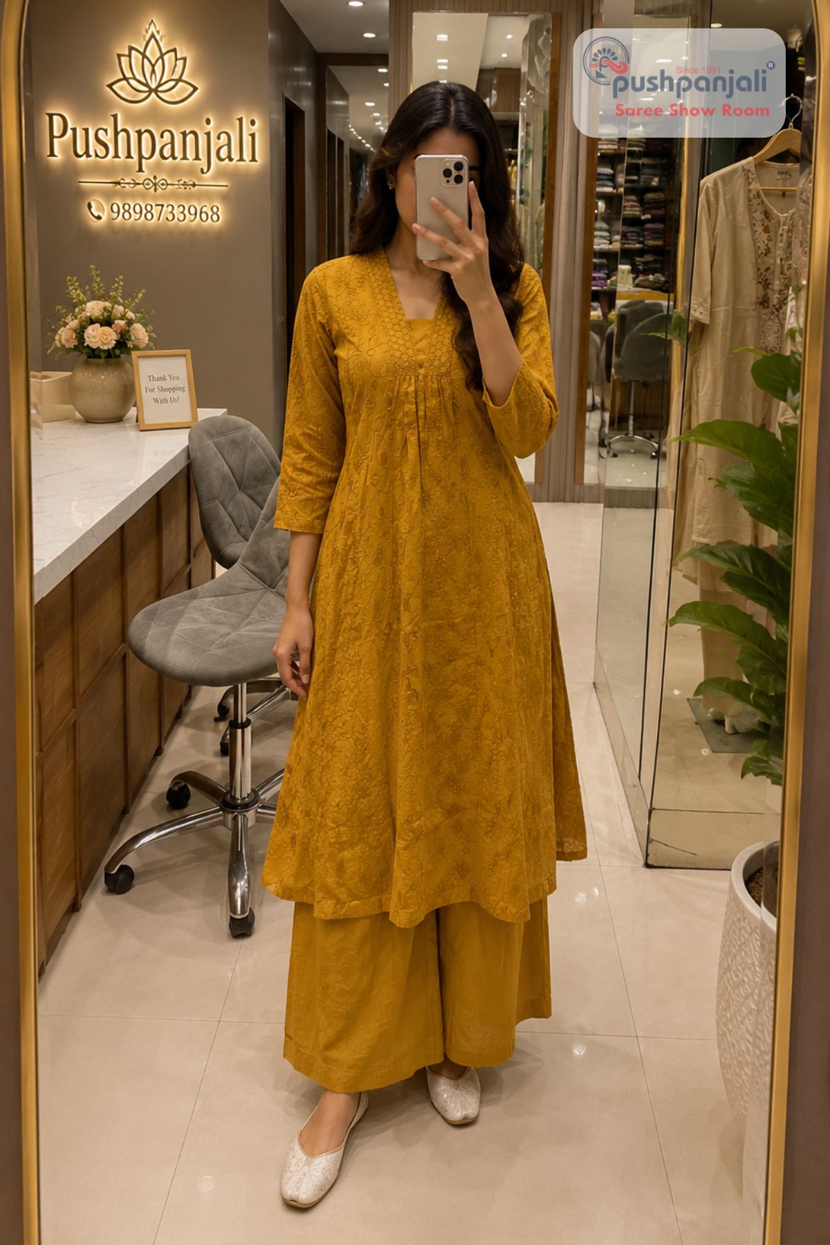 Women's Mustard Yellow Printed Kurta Palazzo Set (2-Piece Set) - Image 2