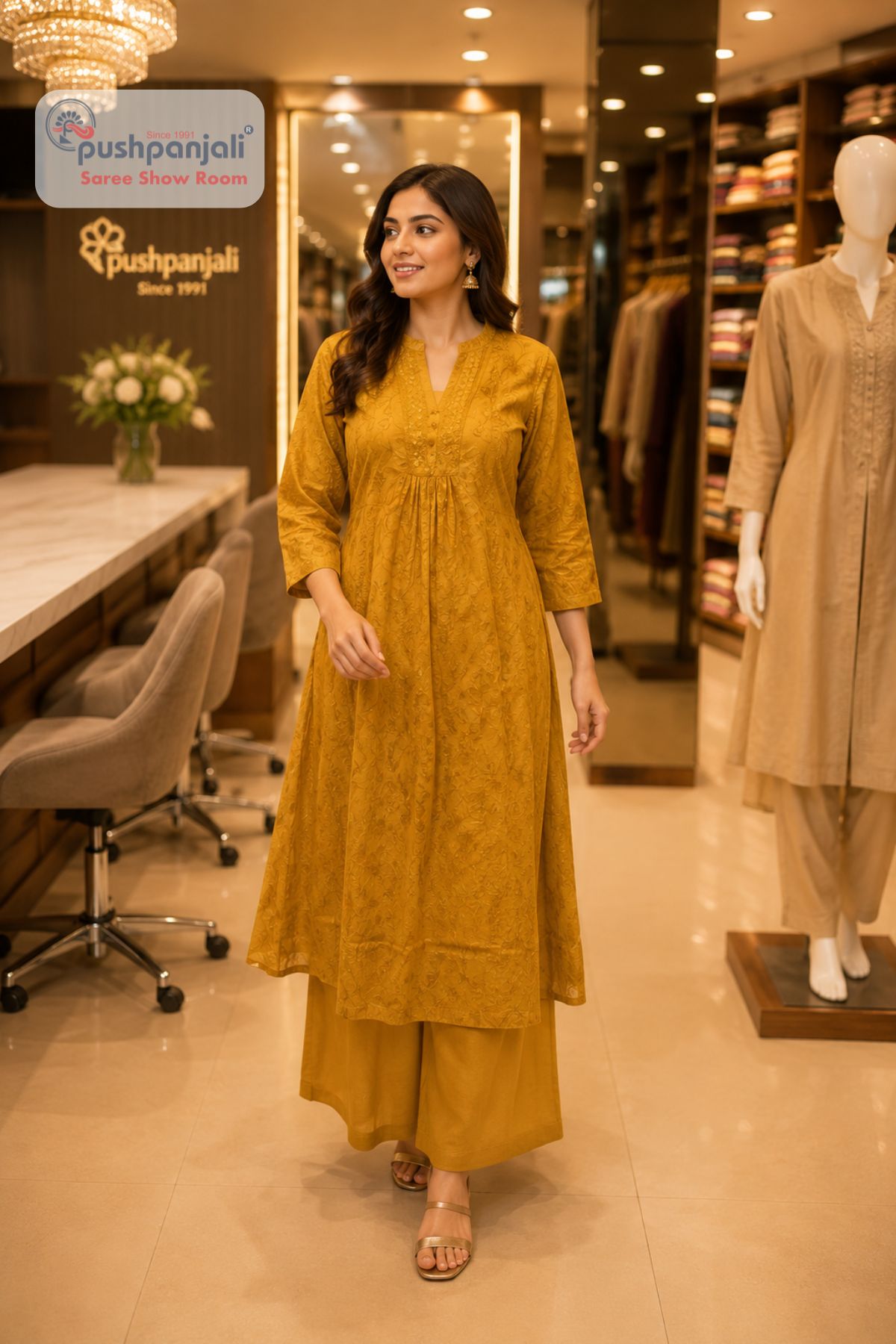 Women's Mustard Yellow Printed Kurta Palazzo Set (2-Piece Set)