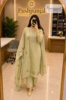 Women's Light Olive Green Embroidered Kurta Pant Dupatta Set (3-Piece Set)