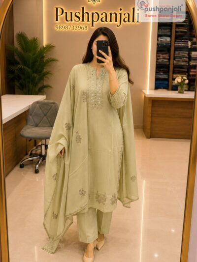 Women's Light Olive Green Embroidered Kurta Pant Dupatta Set (3-Piece Set)