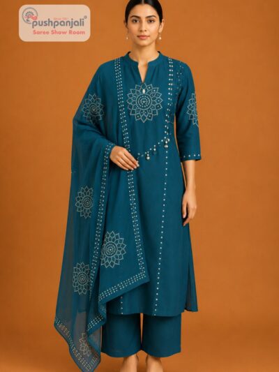 Women's Teal Blue Embellished Kurta Pant Set with Dupatta