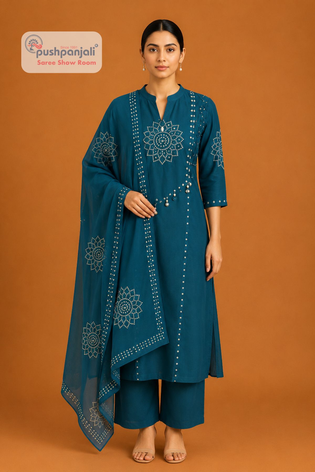 Women's Teal Blue Embellished Kurta Pant Set with Dupatta
