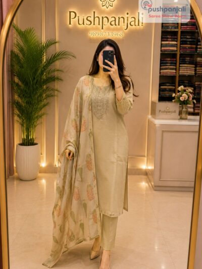 Women's Beige Embroidered Kurta Pant Dupatta Set (3-Piece Set)