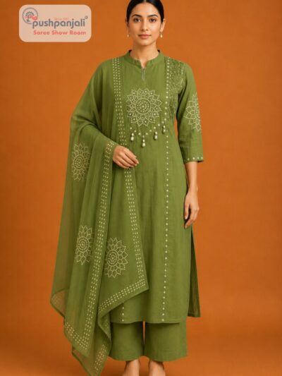 Women's Olive Green Embellished Kurta Pant Set with Dupatta