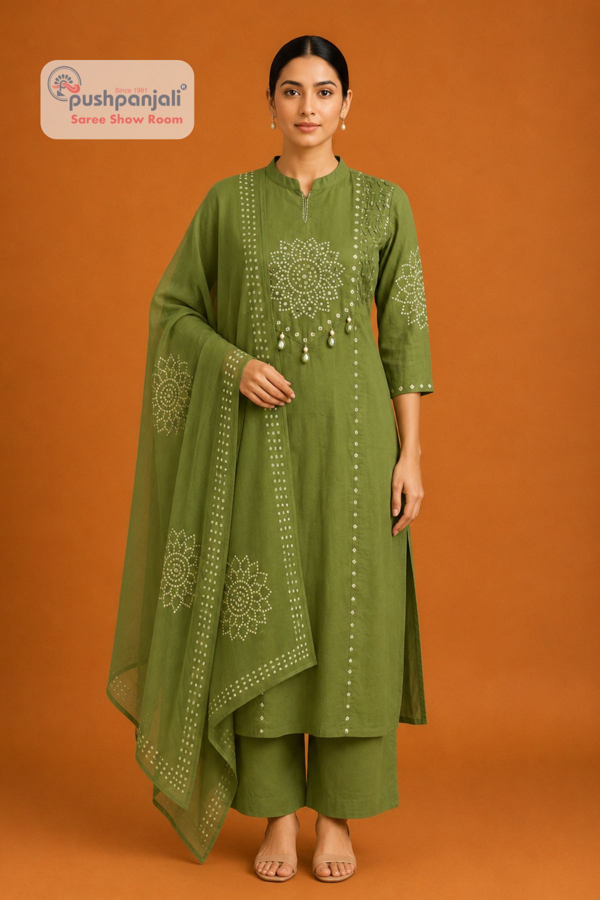 Women's Olive Green Embellished Kurta Pant Set with Dupatta