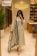 Women's White & Olive Floral Printed Anarkali Kurta Pant Dupatta Set (3-Piece Set)