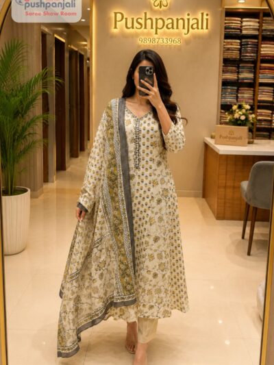 Women's White & Olive Floral Printed Anarkali Kurta Pant Dupatta Set (3-Piece Set)