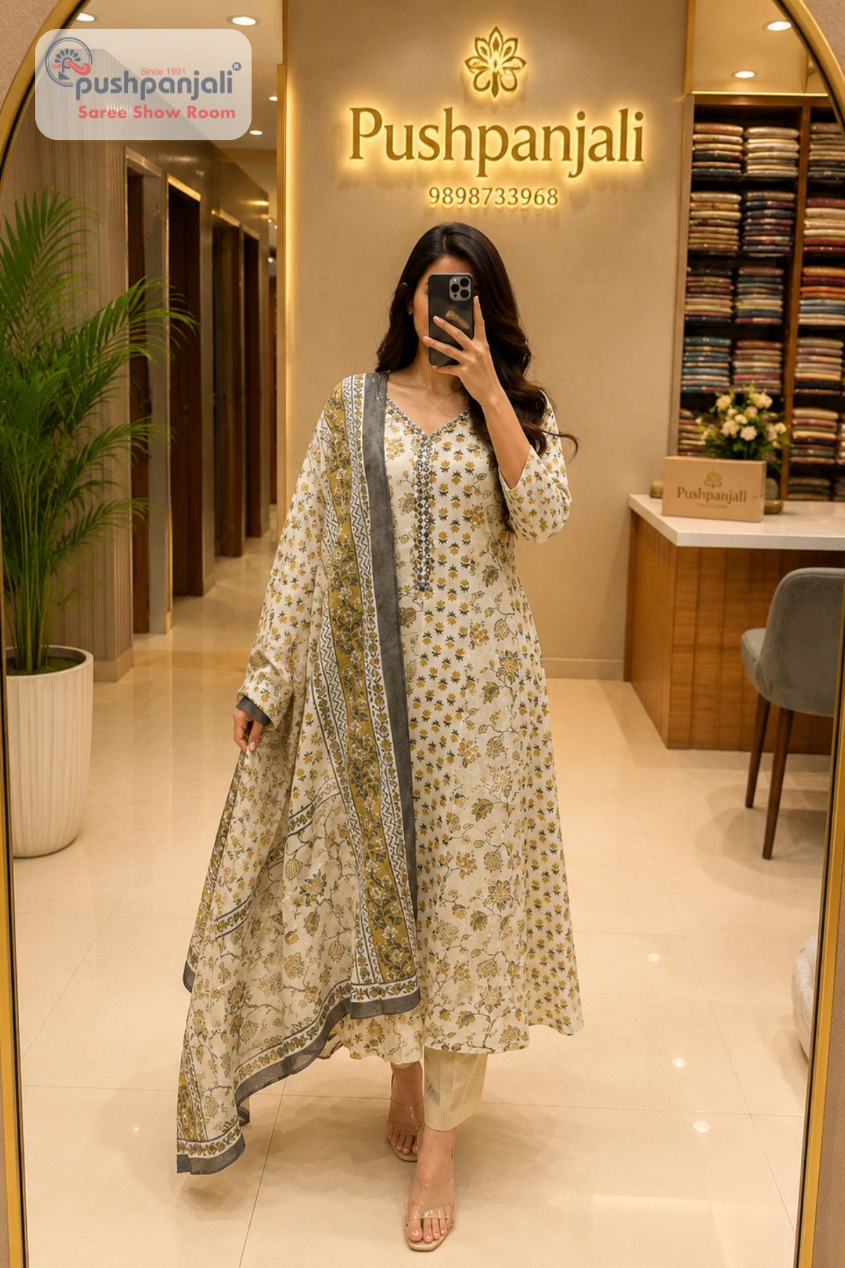 Women's White & Olive Floral Printed Anarkali Kurta Pant Dupatta Set (3-Piece Set)
