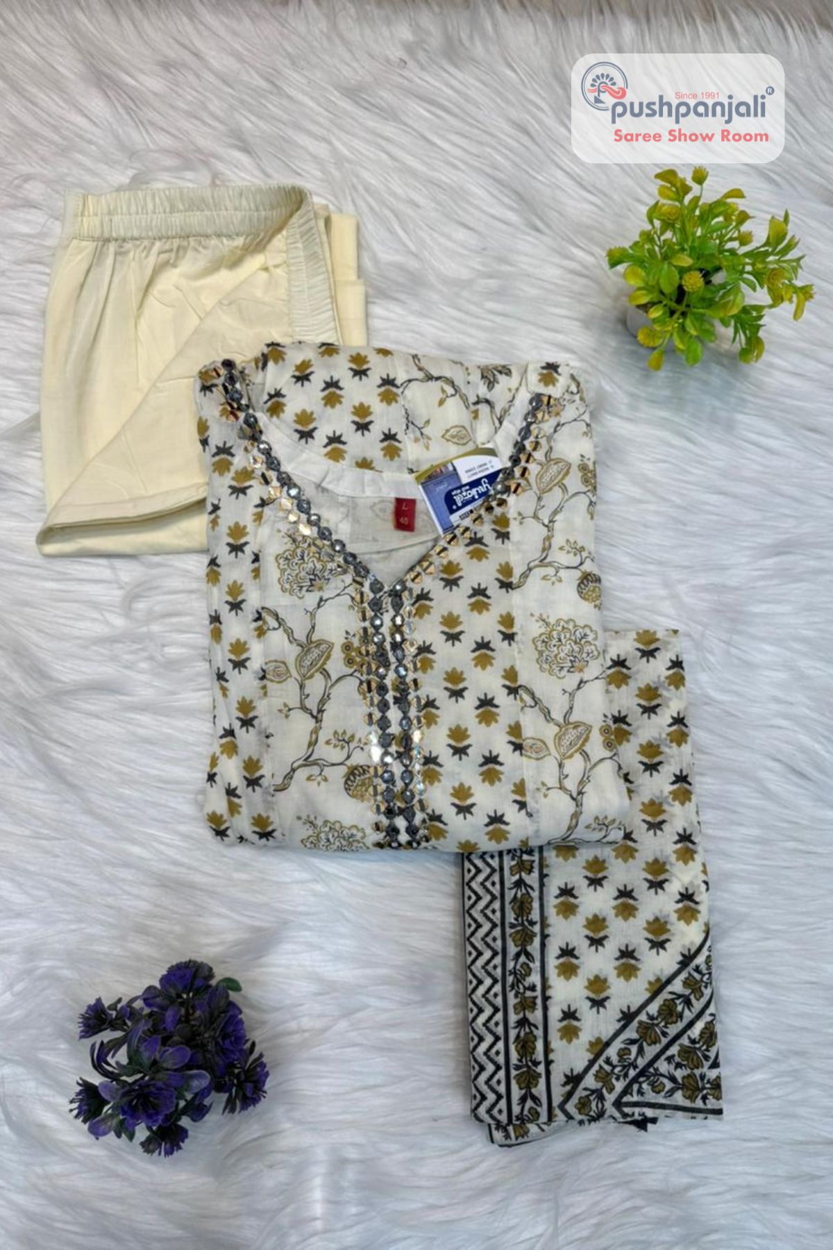 Women's White & Olive Floral Printed Anarkali Kurta Pant Dupatta Set (3-Piece Set) - Image 2