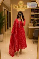Women's Red Floral Printed Anarkali Kurta Pant Dupatta Set (3-Piece Set)