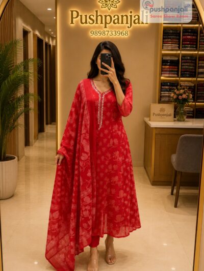 Women's Red Floral Printed Anarkali Kurta Pant Dupatta Set (3-Piece Set)