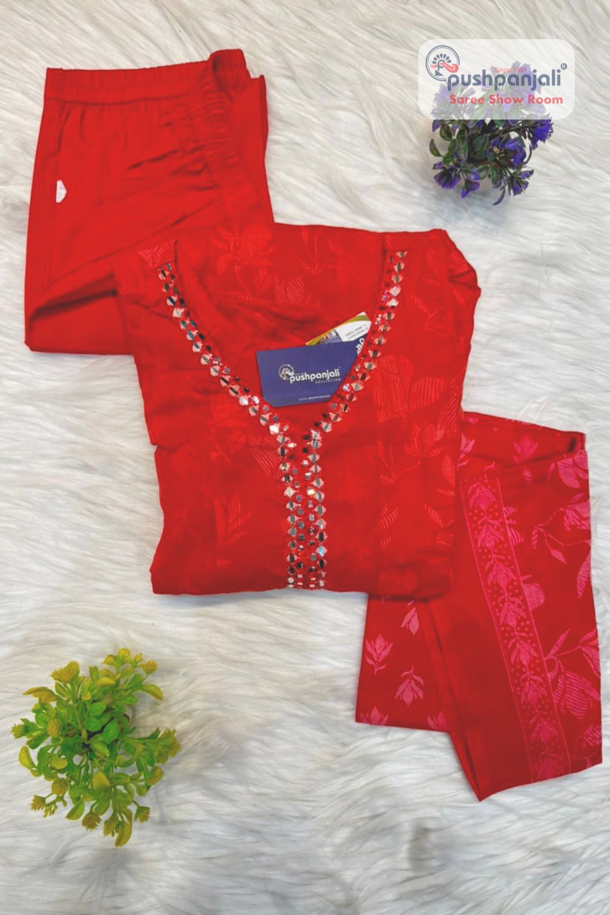 Women's Red Floral Printed Anarkali Kurta Pant Dupatta Set (3-Piece Set) - Image 2