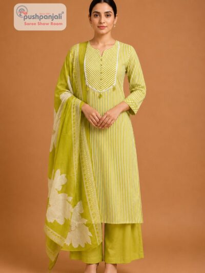 Women's Lime Green Striped Kurta Pant Dupatta Set