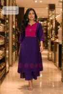 Purple & Rani Pink Embroidered 2 Piece Kurti Pant Set