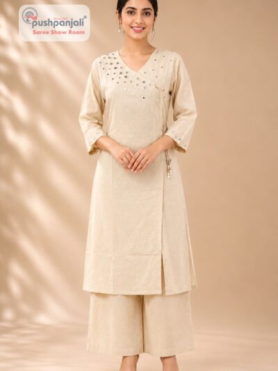 Women's Beige Mirror Work Cotton Kurta Pant Set