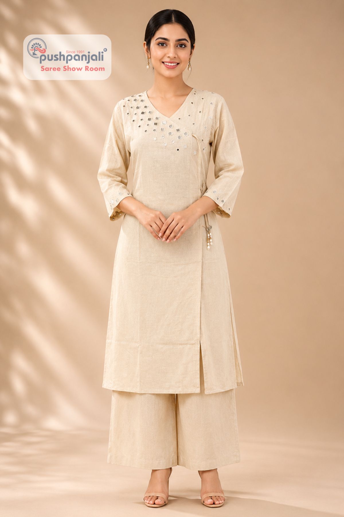 Women's Beige Mirror Work Cotton Kurta Pant Set