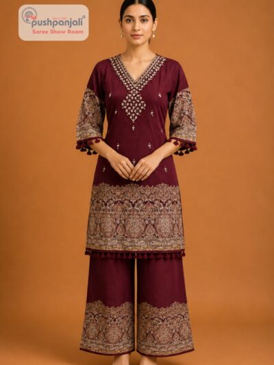 Women's Wine Embroidered Printed Cotton Kurta Palazzo Set