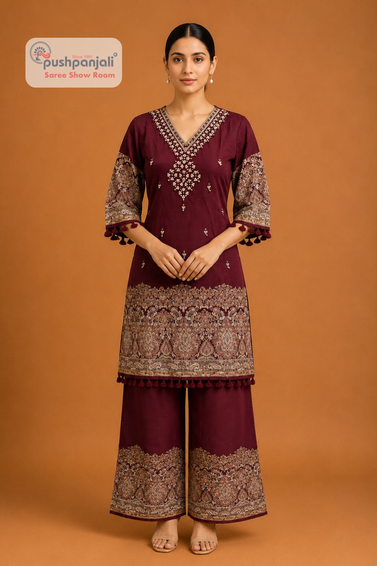 Women's Wine Embroidered Printed Cotton Kurta Palazzo Set