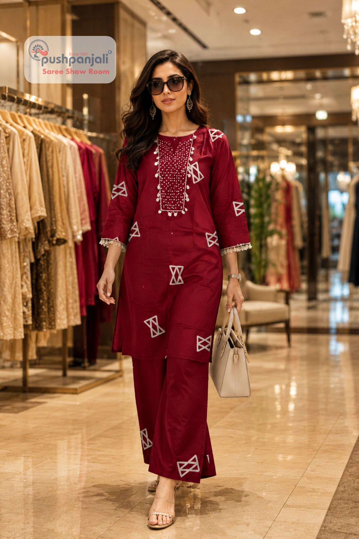 Women's Maroon Printed Kurta Pant Set - Image 2