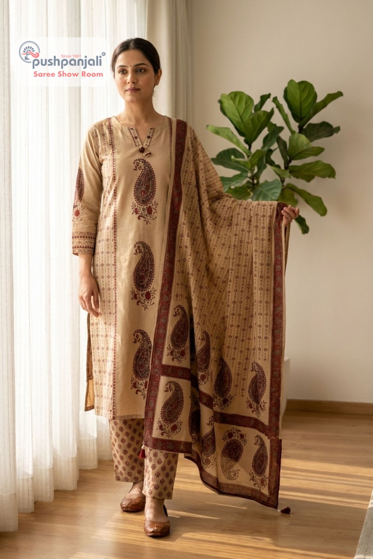 Beige Paisley Printed Pure Cotton A-Line Kurti Pant Dupatta Set - Image 3