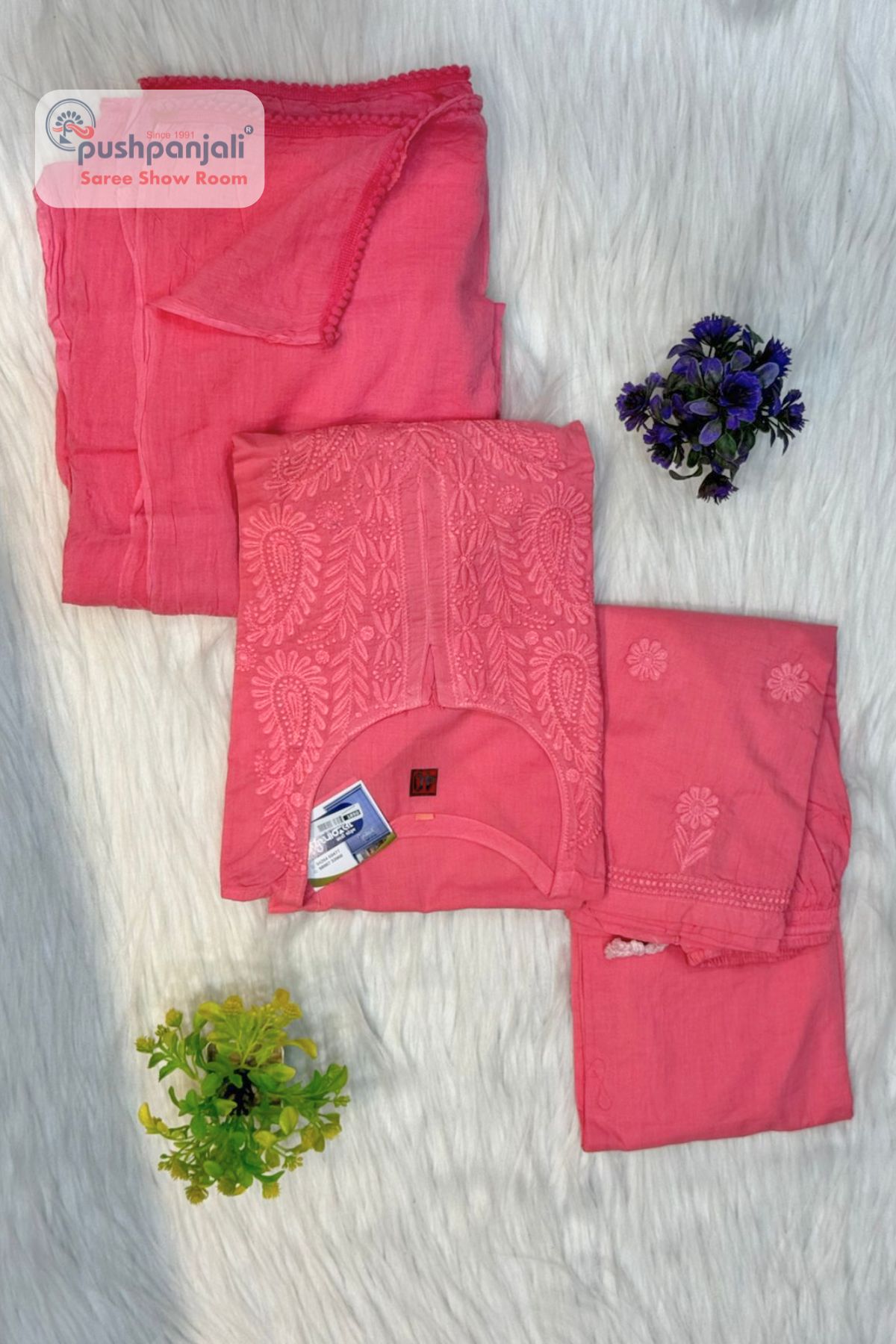 Pink Pure Cotton Embroidered Kurta Pant Dupatta Set - Image 2