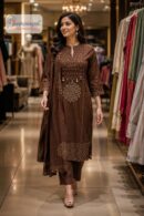 Women's Pure Cotton Brown Printed Kurta Pant Dupatta Set (3-Piece Set)