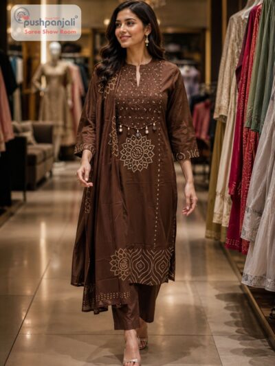 Women's Pure Cotton Brown Printed Kurta Pant Dupatta Set (3-Piece Set)