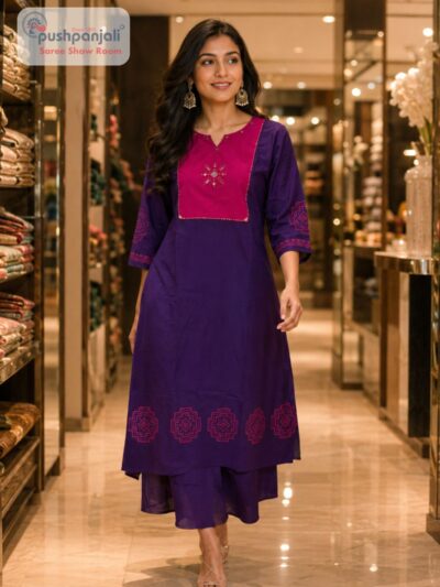 Purple & Rani Pink Embroidered 2 Piece Kurti Pant Set