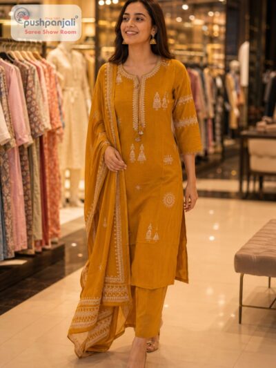 Women's Mustard Yellow Printed Kurta Pant Dupatta Set (3-Piece Set)