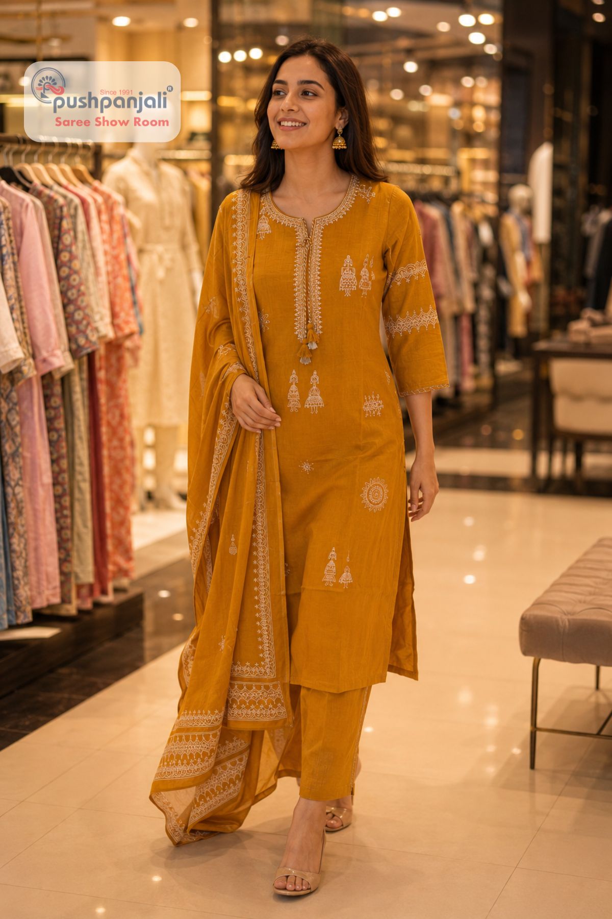 Women's Mustard Yellow Printed Kurta Pant Dupatta Set (3-Piece Set)