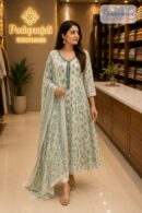 Women's White & Sage Green Floral Printed Anarkali Kurta Pant Dupatta Set (3-Piece Set)
