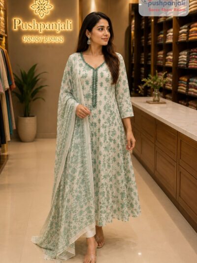 Women's White & Sage Green Floral Printed Anarkali Kurta Pant Dupatta Set (3-Piece Set)