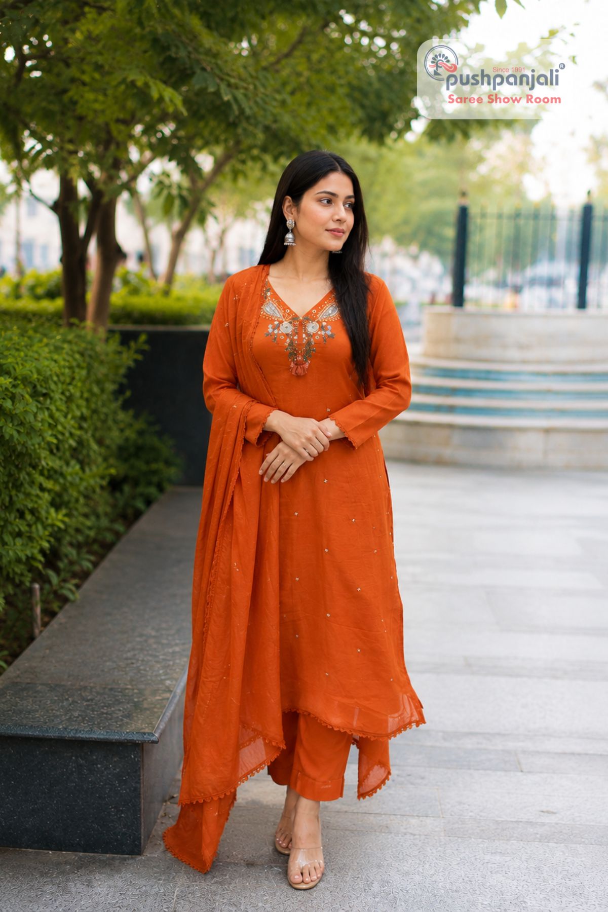 Women's Rust Orange Embroidered Kurta Pant Dupatta Set (3-Piece Set) - Image 2