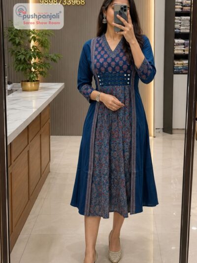 Women's Navy Blue Printed A-Line Cotton Kurti