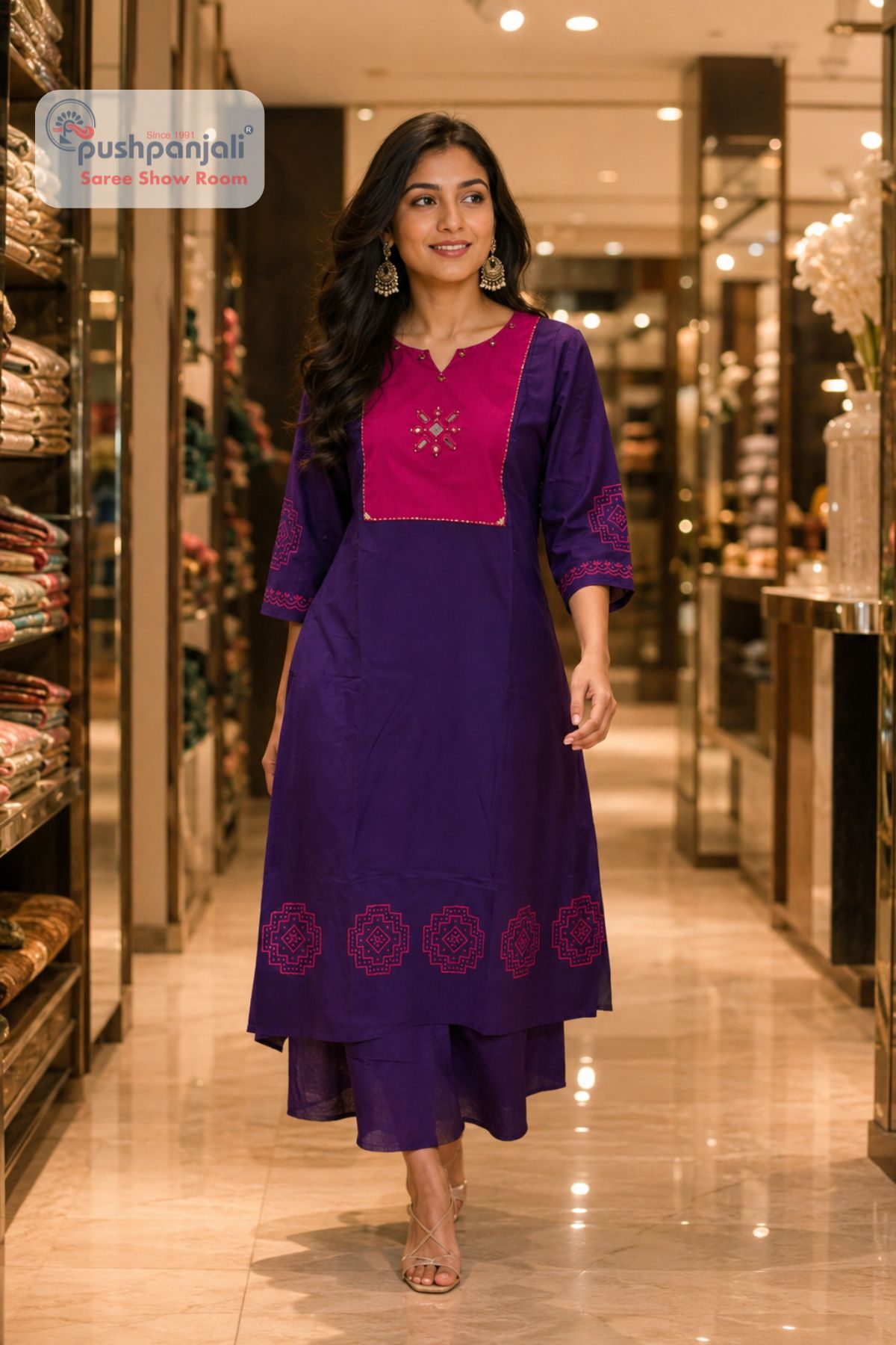 Purple & Rani Pink Embroidered 2 Piece Kurti Pant Set