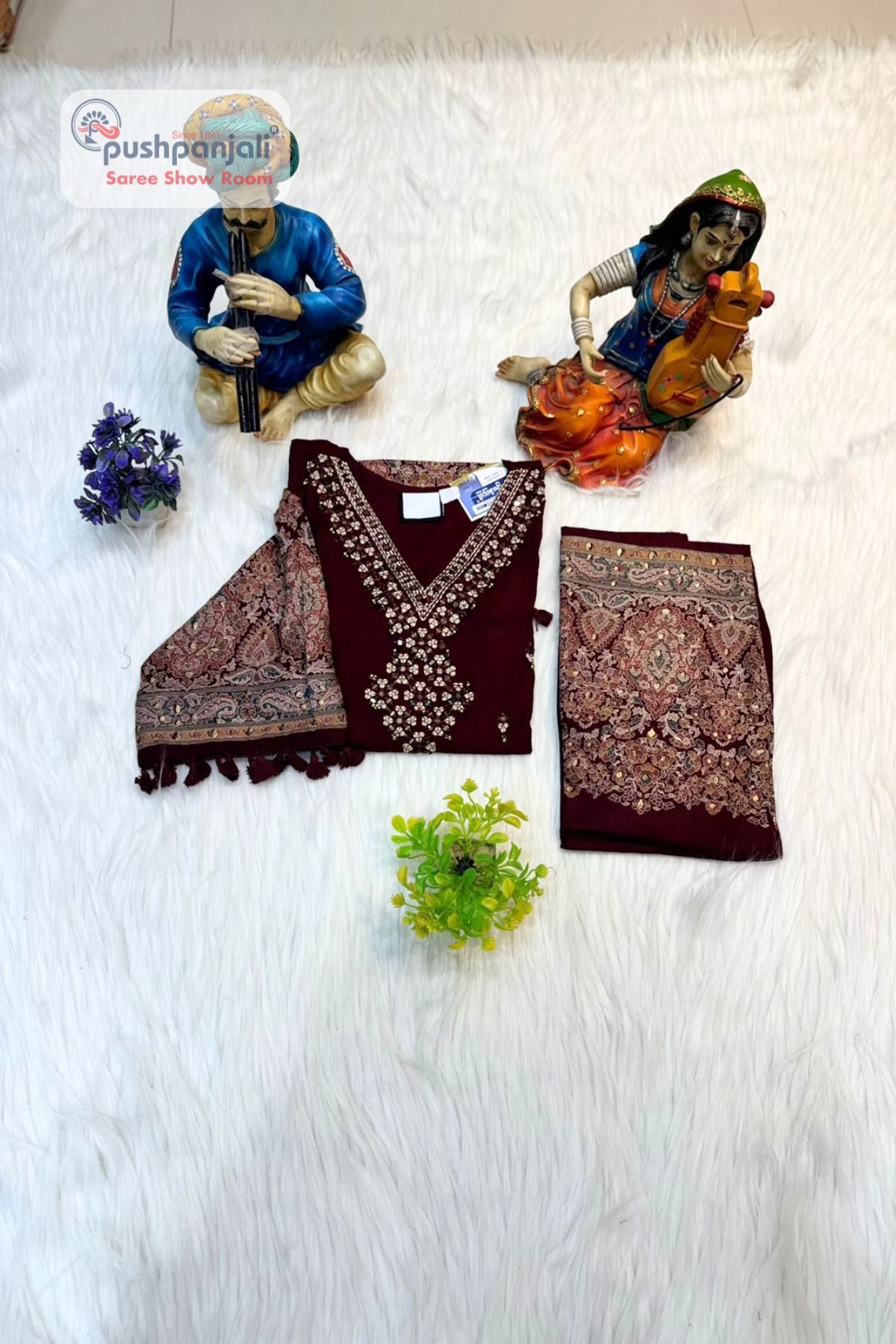 Women's Wine Embroidered Printed Cotton Kurta Palazzo Set - Image 2