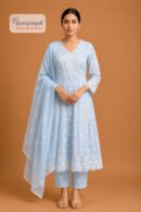 Women's Sky Blue Embroidered Cotton Suit Set with Dupatta