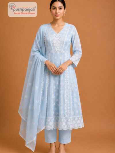 Women's Sky Blue Embroidered Cotton Suit Set with Dupatta