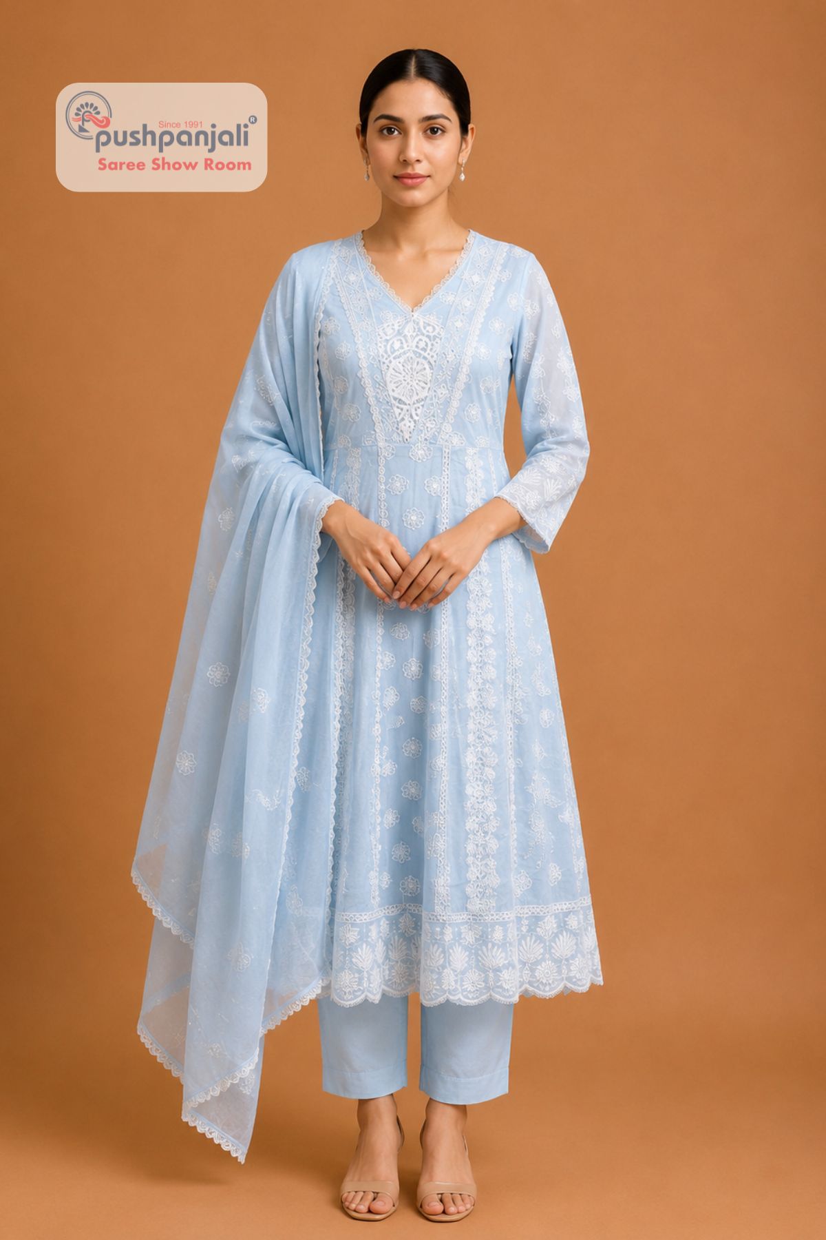 Women's Sky Blue Embroidered Cotton Suit Set with Dupatta