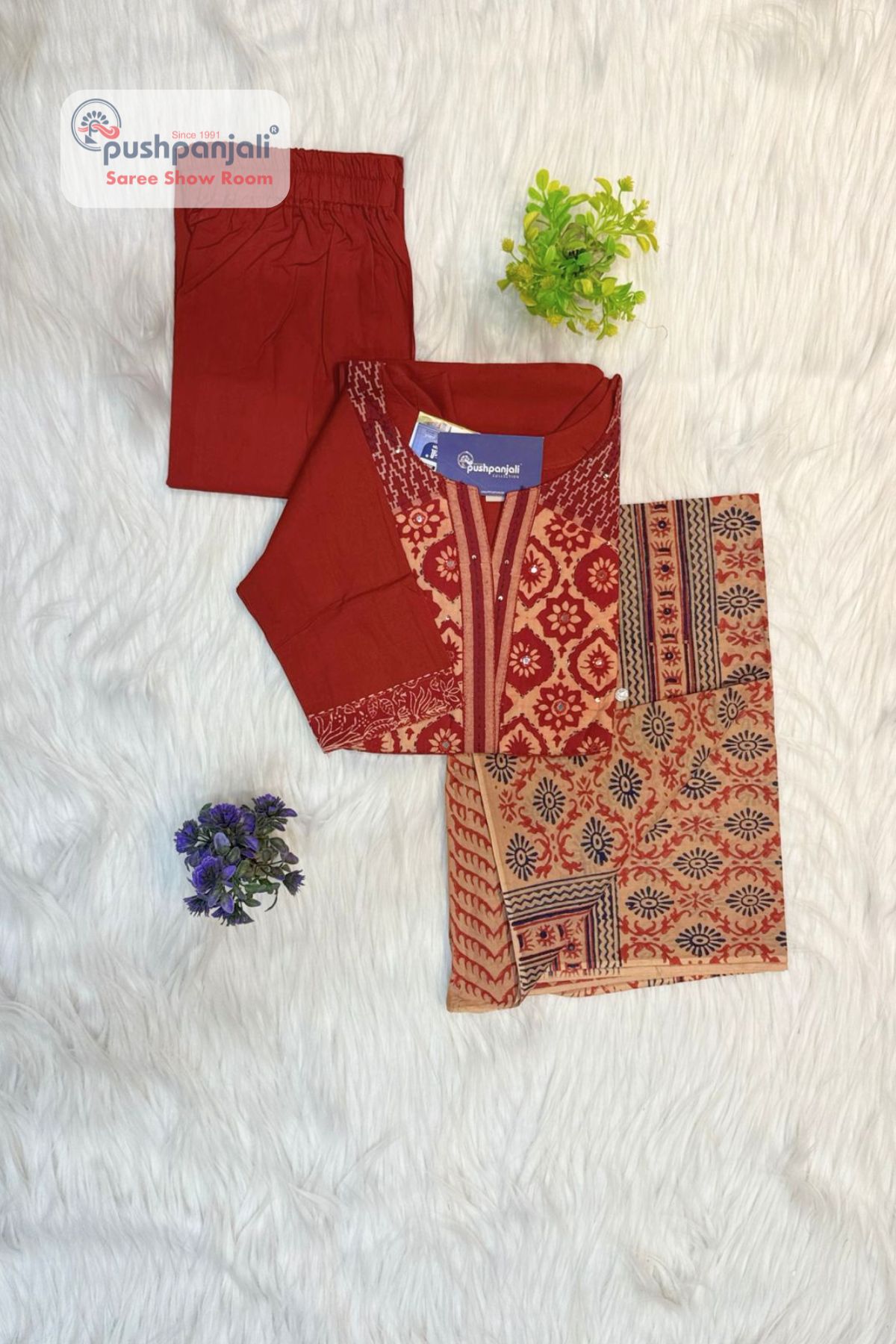 Women's Rust Orange Printed Cotton Kurta Pant Dupatta Set - Image 3