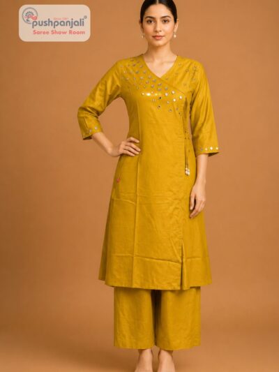 Women's Mustard Yellow Mirror Work Cotton Kurta Pant Set
