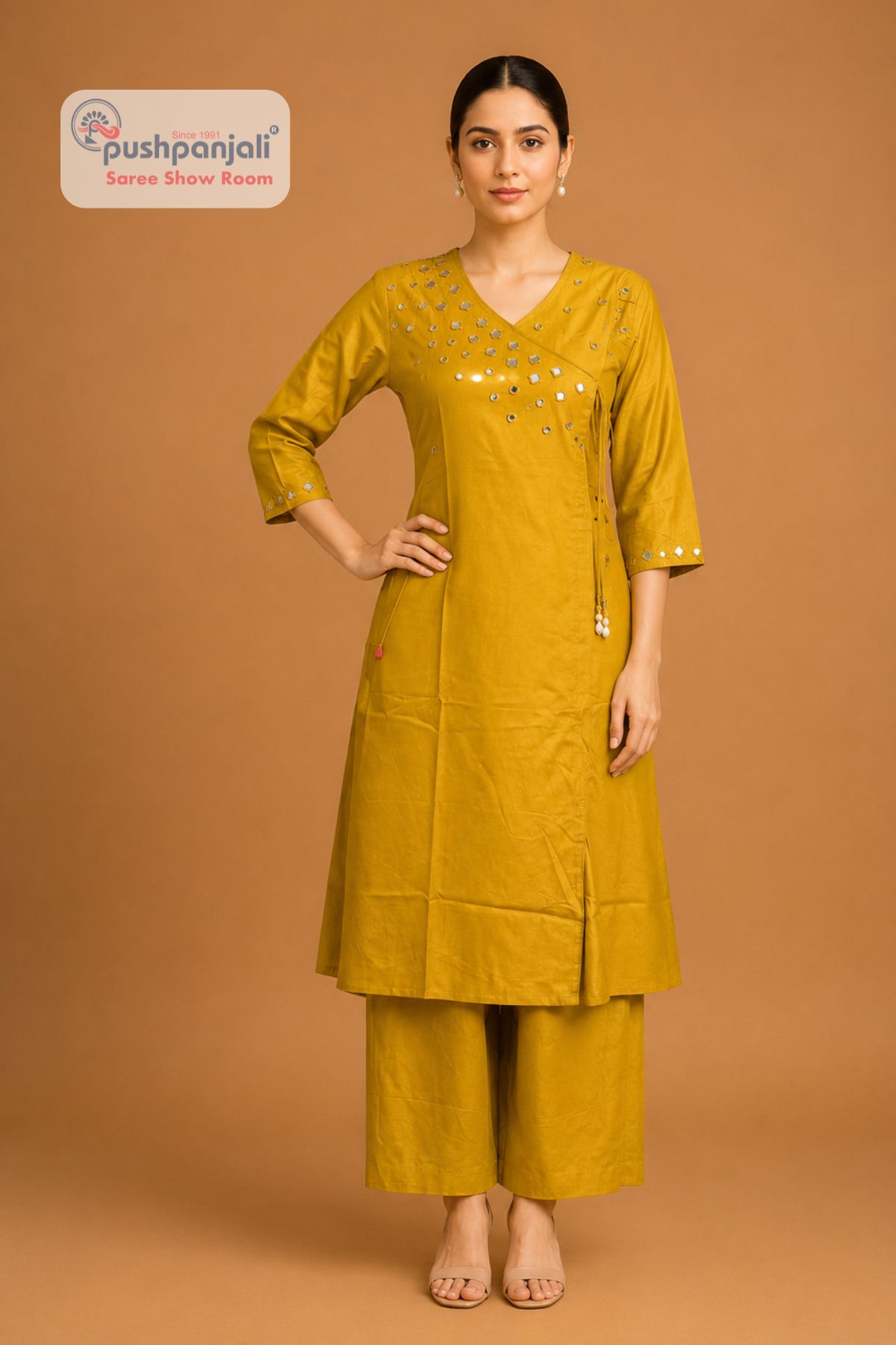 Women's Mustard Yellow Mirror Work Cotton Kurta Pant Set