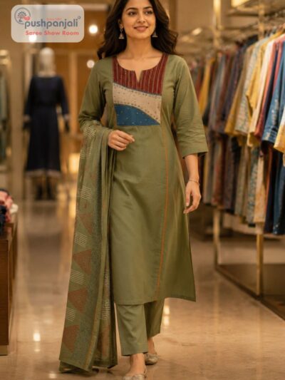Olive Green Pure Cotton A-Line Kurti Pant Dupatta Set