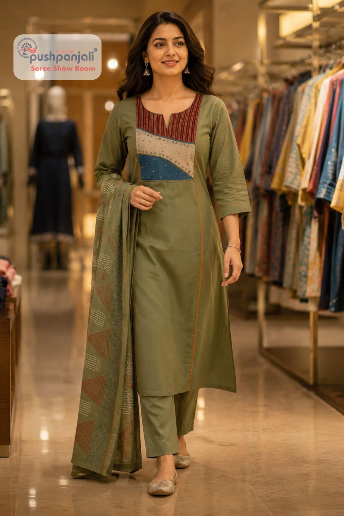 Olive Green Pure Cotton A-Line Kurti Pant Dupatta Set