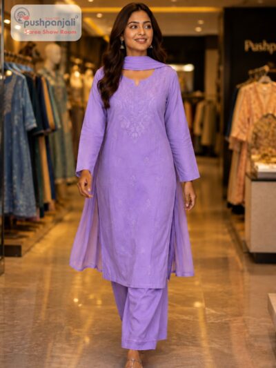 Lavender Pure Cotton Embroidered Kurta Pant Dupatta Set