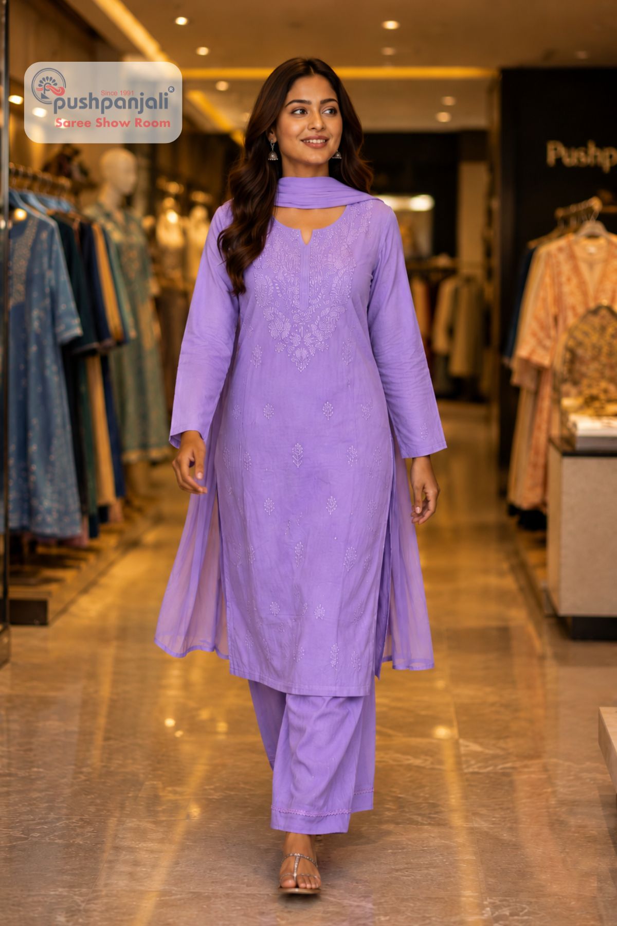 Lavender Pure Cotton Embroidered Kurta Pant Dupatta Set